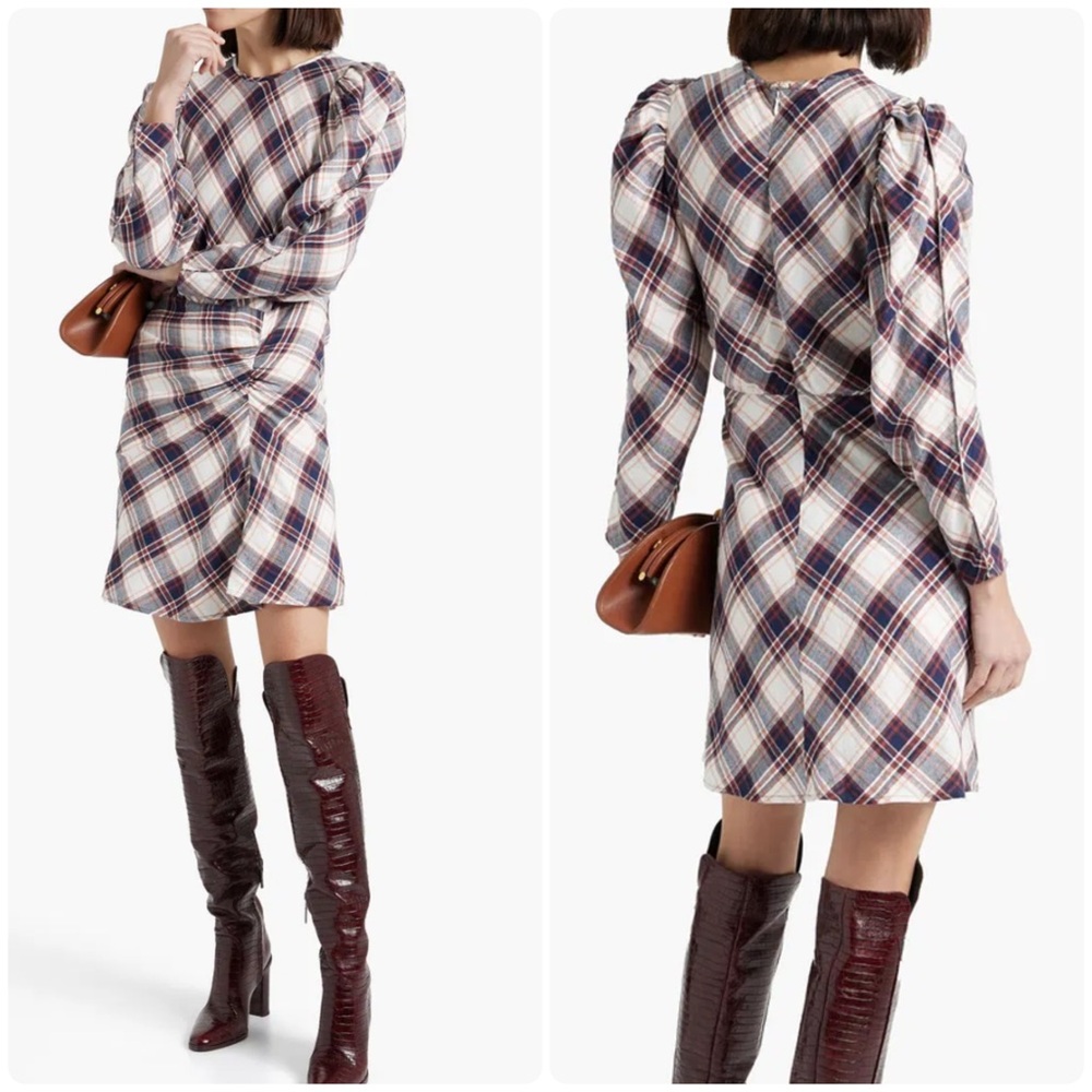 VERONICA BEARD Agnor Ruched Checked Cotton-Flannel Mini Dress